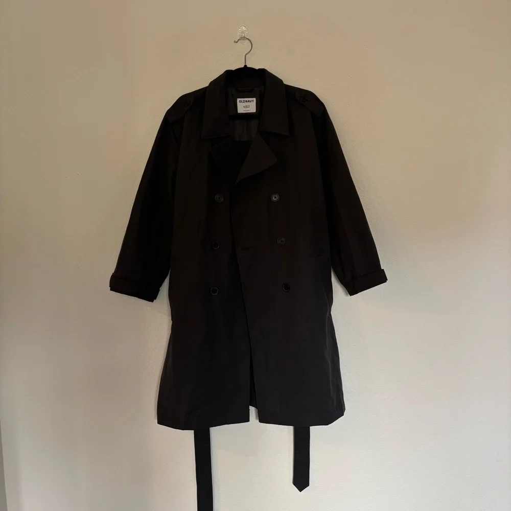 Old Navy Petite XL Water Resistant Tie Belt Trench Coat Panther Dark Gray - Picture 3 of 10